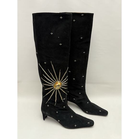 STAUD Wally Black Suede Tall Boots Celestial Crystal Embellished 37.5 / 7.5 $995 - Picture 5 of 11